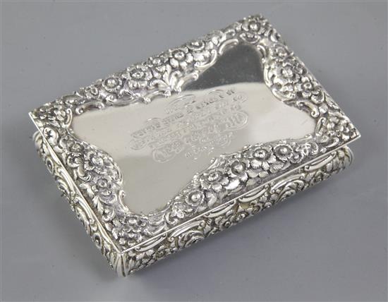 A Victorian silver table presentation snuff box, Length 3 ¾”/95 mm Width 68mm Weight 7.4oz/210grms